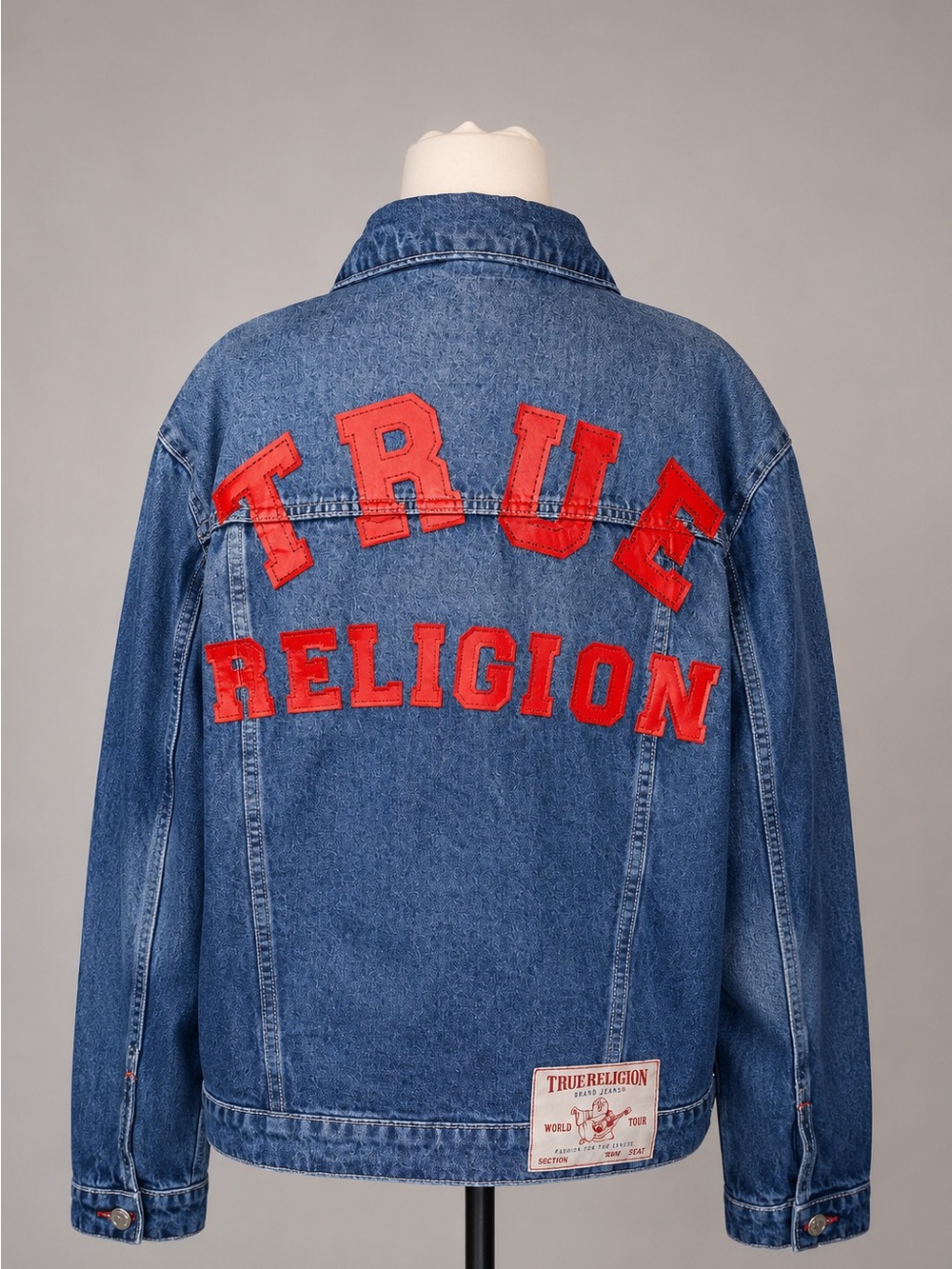 True Religion World Tour Denim Jacket L Large Blue Jean Red Stitch Logo